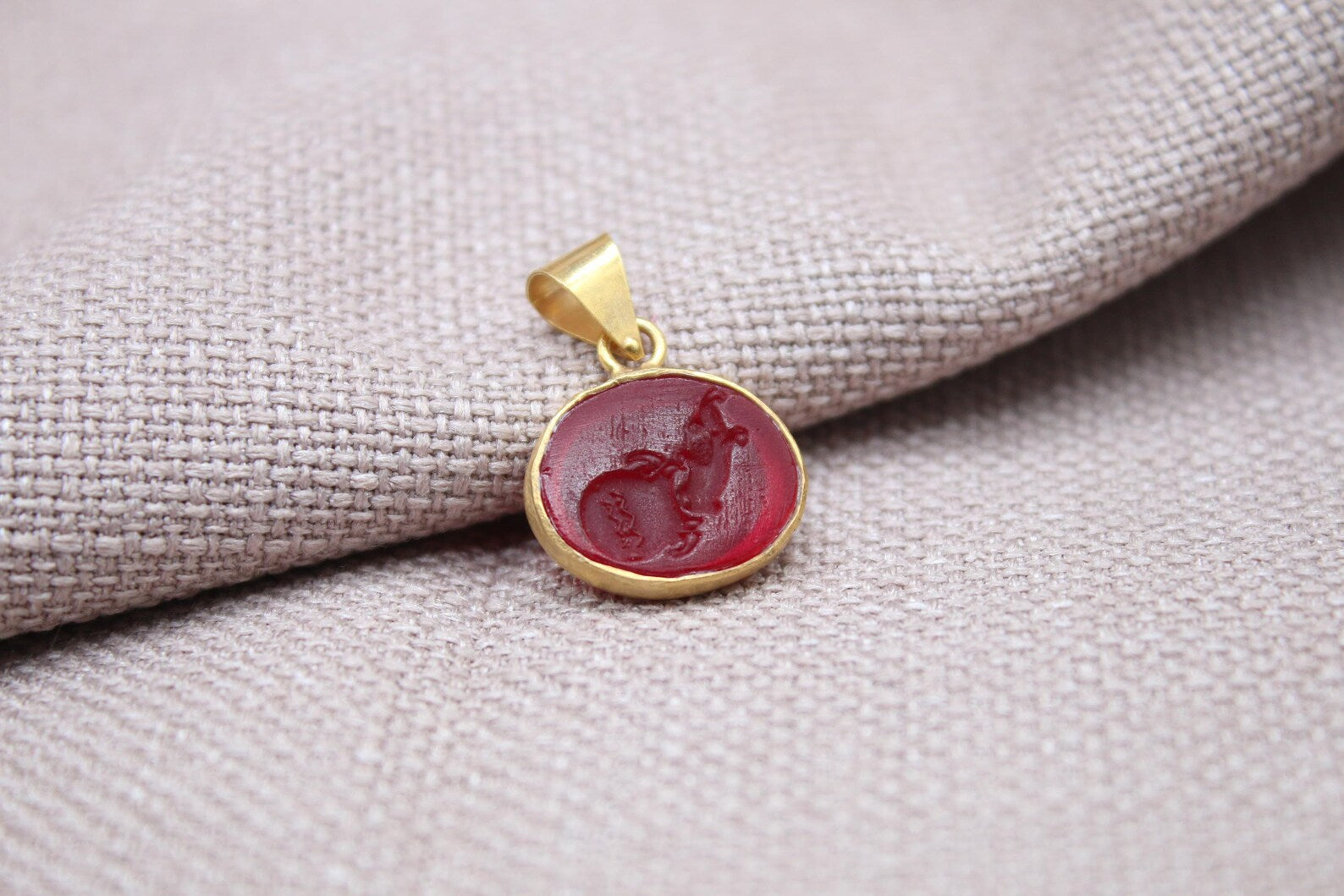 Aquarius Intaglio Pendant Red Glass Zodiac Charm Gold Vermeil Handmade Necklace