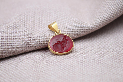 Aquarius Intaglio Pendant Red Glass Zodiac Charm Gold Vermeil Handmade Necklace