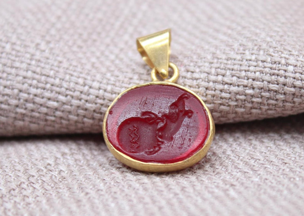 Aquarius Intaglio Pendant Red Glass Zodiac Charm Gold Vermeil Handmade Necklace