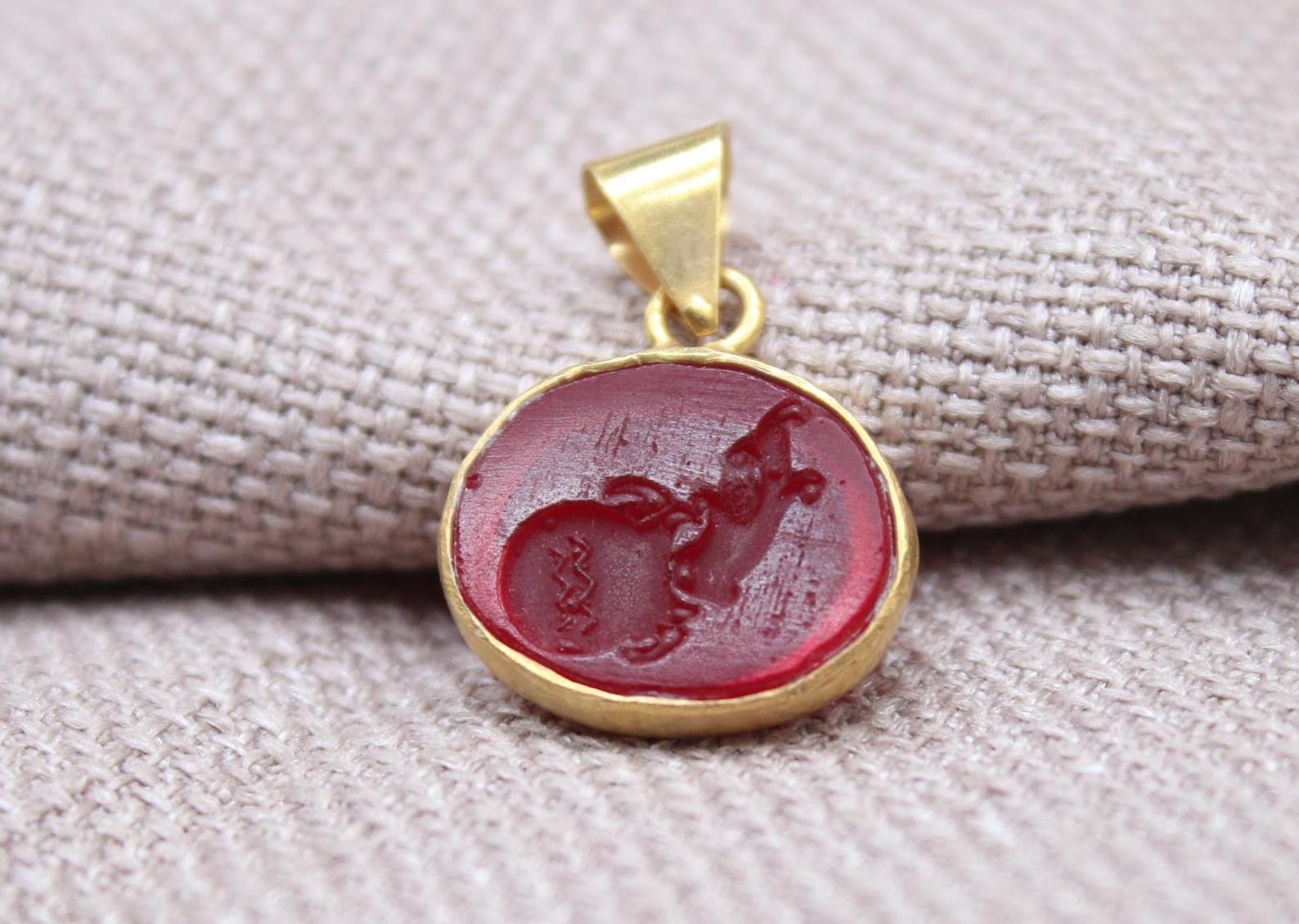 Aquarius Intaglio Pendant Red Glass Zodiac Charm Gold Vermeil Handmade Necklace