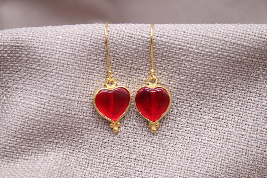 Ruby Heart Earrings Gold Vermeil Romantic Red Glass Drop Earrings Handmade