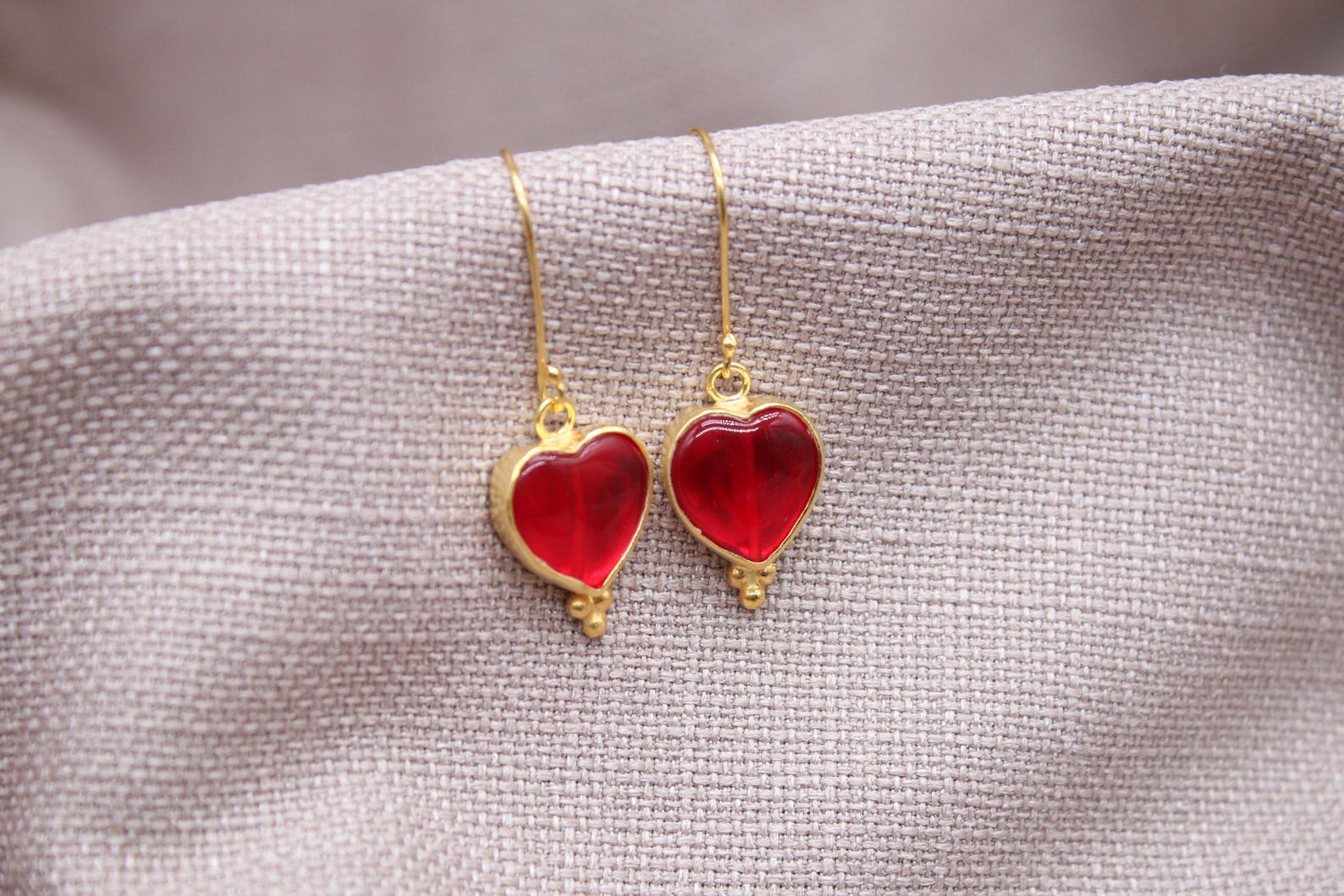 Ruby Heart Earrings Gold Vermeil Romantic Red Glass Drop Earrings Handmade