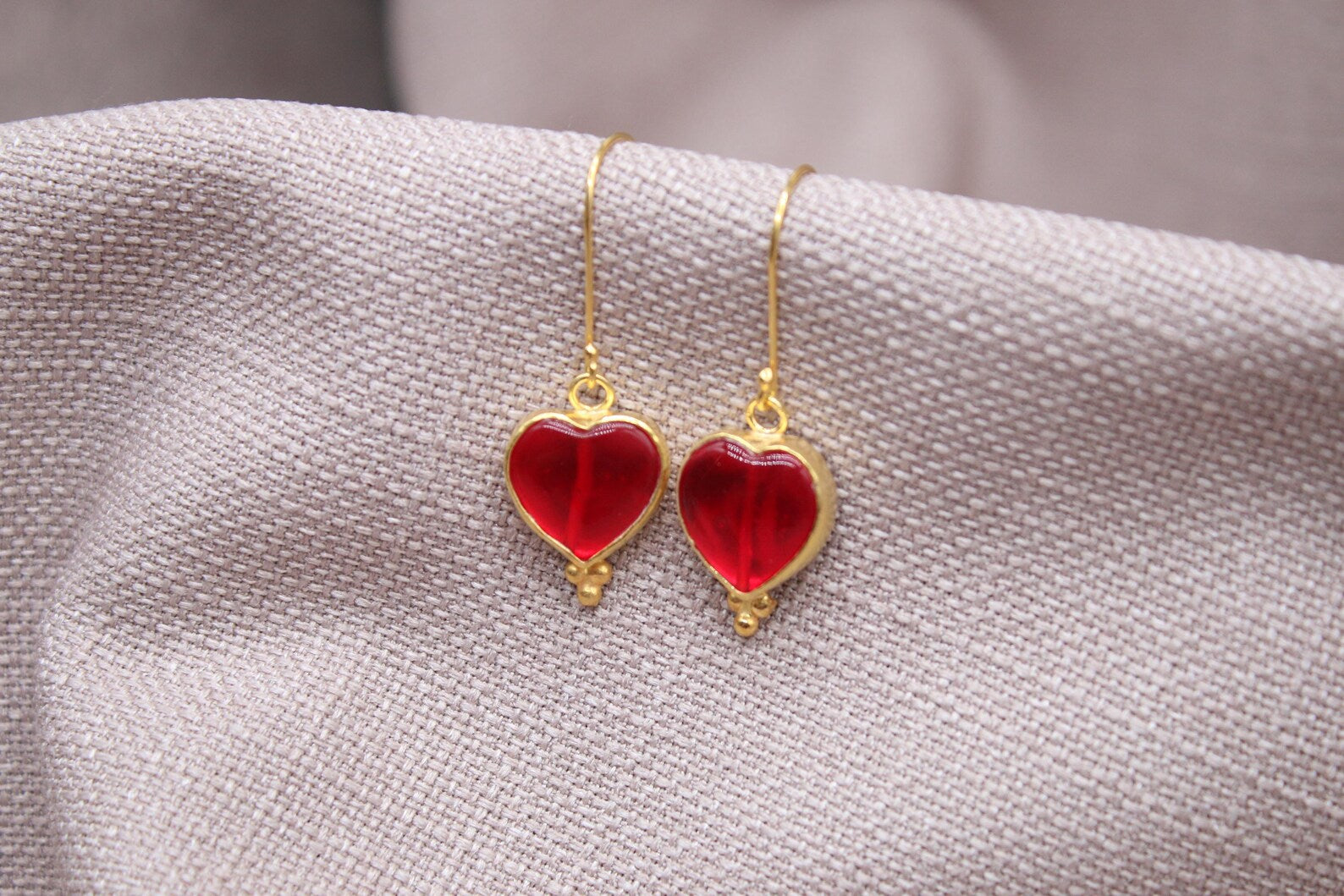 Ruby Heart Earrings Gold Vermeil Romantic Red Glass Drop Earrings Handmade