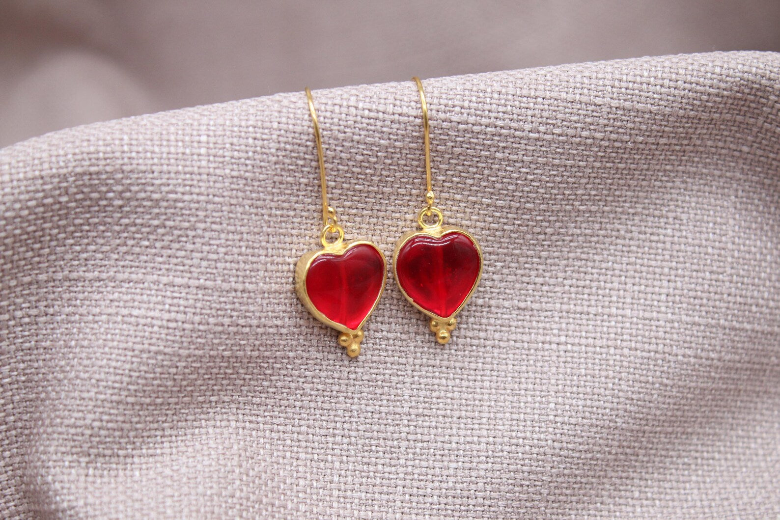 Ruby Heart Earrings Gold Vermeil Romantic Red Glass Drop Earrings Handmade