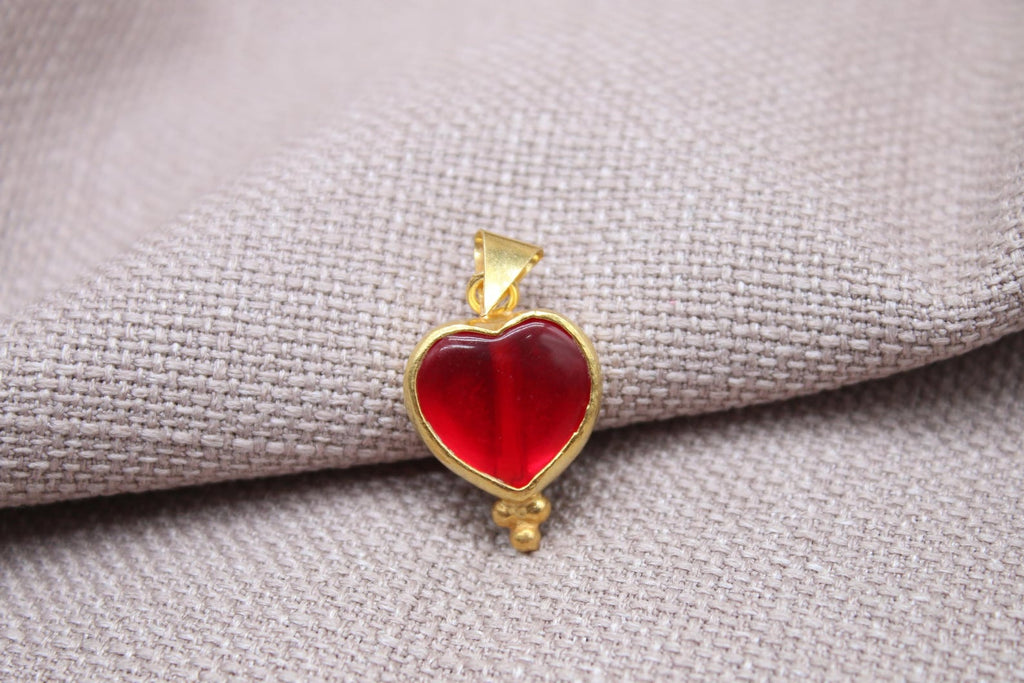 Ruby Heart Pendant Gold Vermeil Red Glass Charm Handmade Romantic Necklace