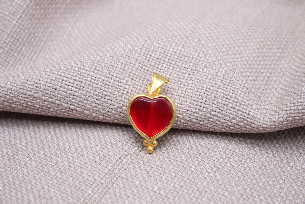 Ruby Heart Pendant Gold Vermeil Red Glass Charm Handmade Romantic Necklace