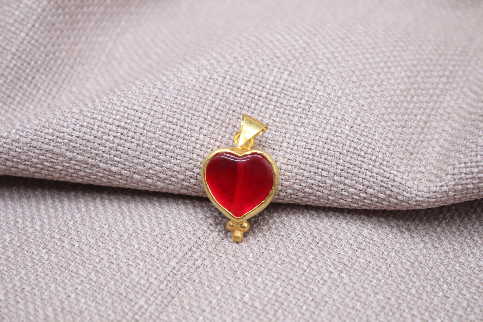 Ruby Heart Pendant Gold Vermeil Red Glass Charm Handmade Romantic Necklace