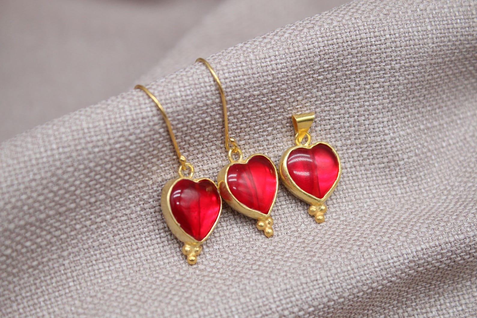 Ruby Heart Jewelry Set Gold Vermeil Earrings Pendant Romantic Handmade Gift