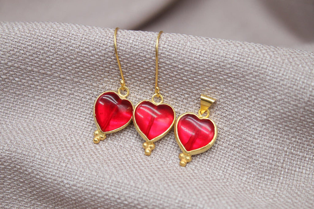 Ruby Heart Jewelry Set Gold Vermeil Earrings Pendant Romantic Handmade Gift
