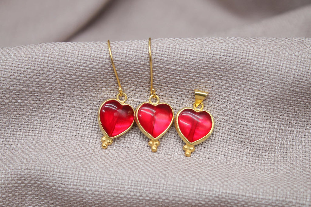 Ruby Heart Jewelry Set Gold Vermeil Earrings Pendant Romantic Handmade Gift