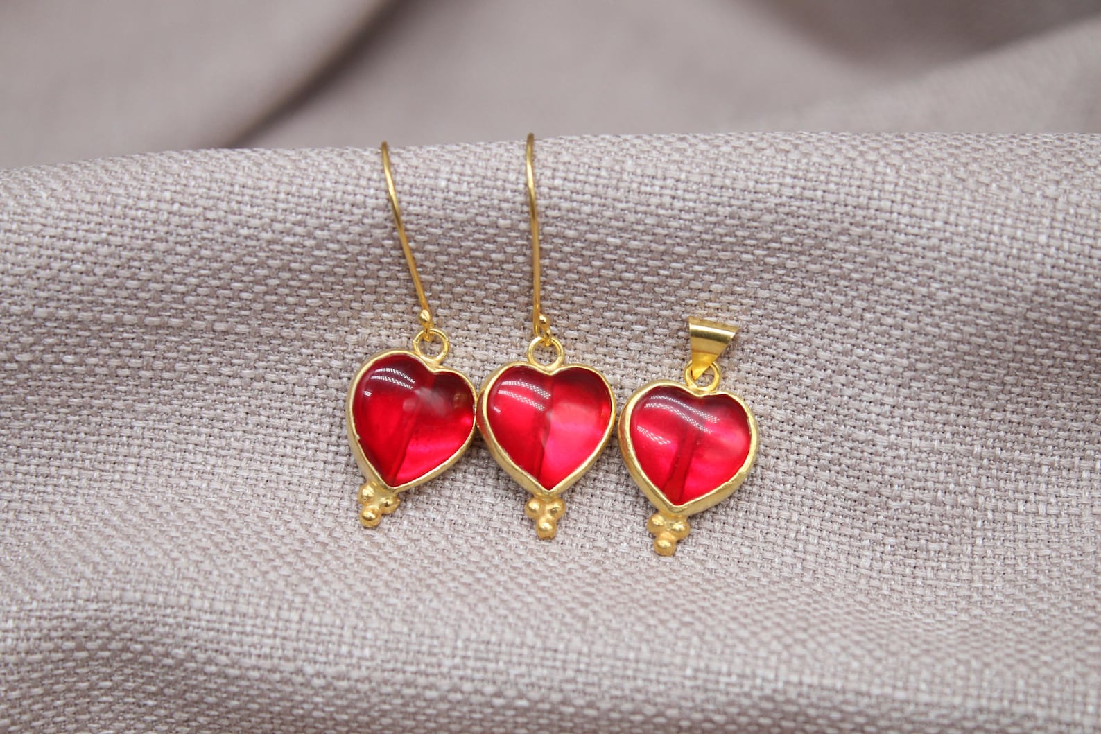 Ruby Heart Jewelry Set Gold Vermeil Earrings Pendant Romantic Handmade Gift