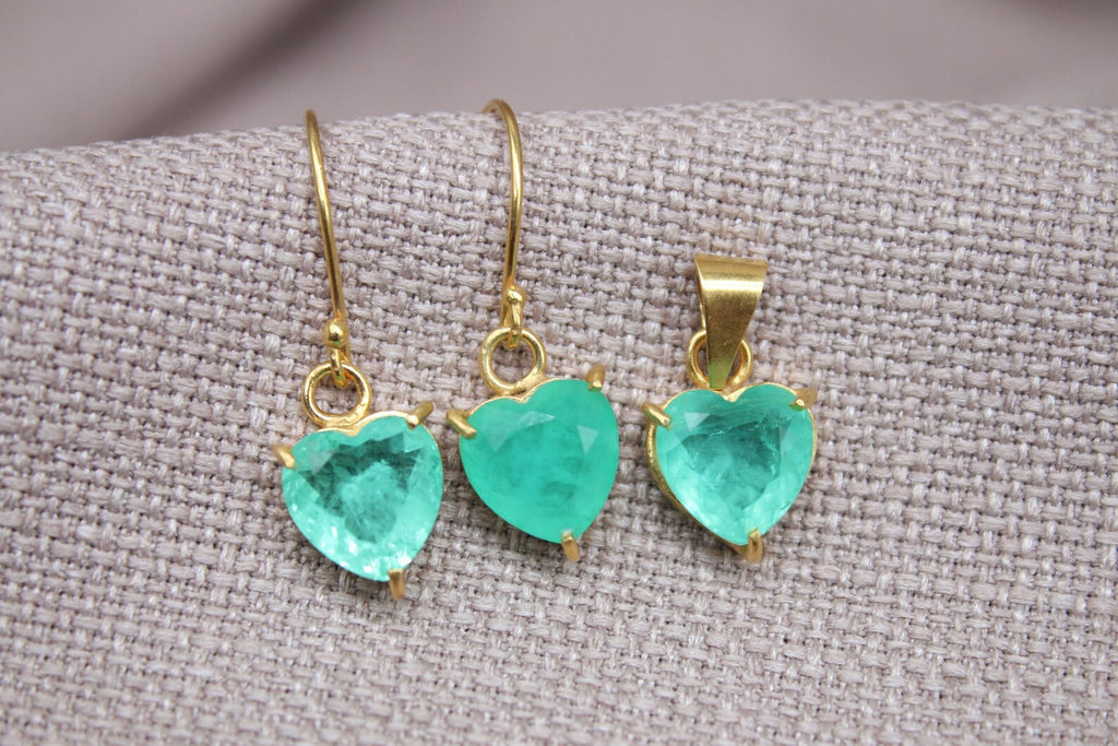 Paraiba Tourmaline Heart Jewelry Set Gold Vermeil Earrings Pendant