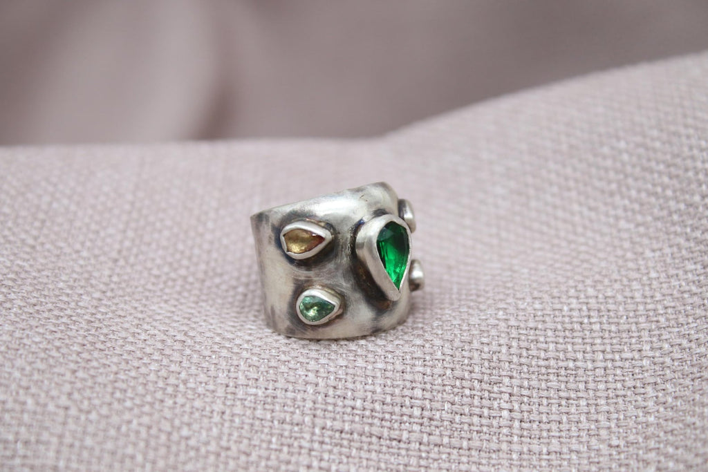 Emerald Tourmaline Statement Ring Sterling Silver Handmade Wide Band