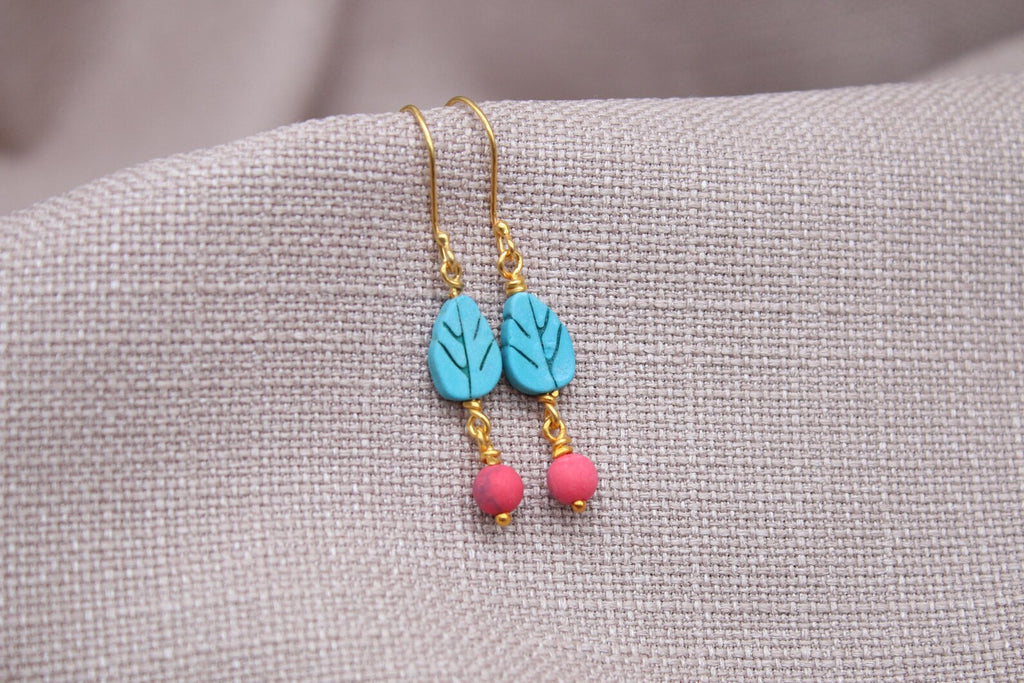 Turquoise Leaf Coral Drop Earrings Gold Plated Sterling Silver