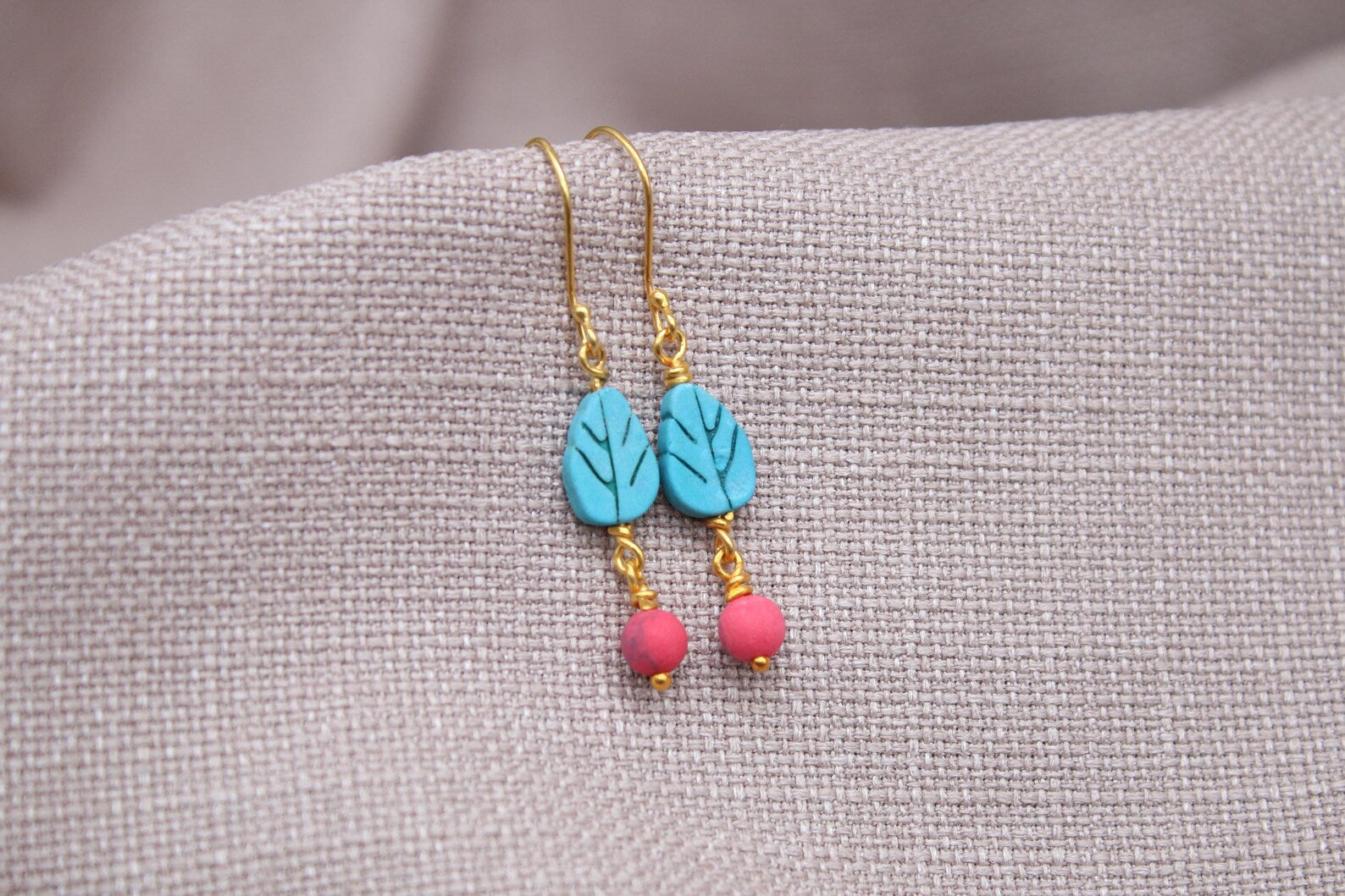 Turquoise Leaf Coral Drop Earrings Gold Plated Sterling Silver