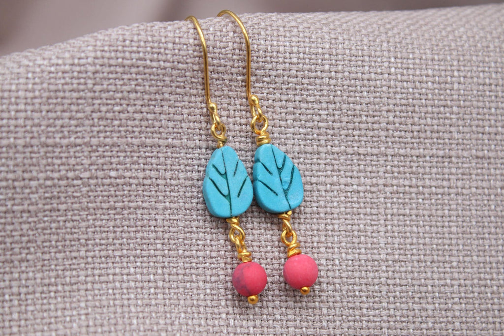 Turquoise Leaf Coral Drop Earrings Gold Plated Sterling Silver