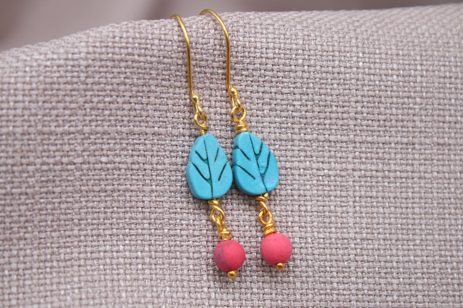 Turquoise Leaf Coral Drop Earrings Gold Plated Sterling Silver
