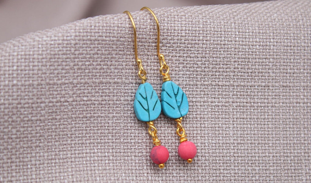 Turquoise Leaf Coral Drop Earrings Gold Plated Sterling Silver