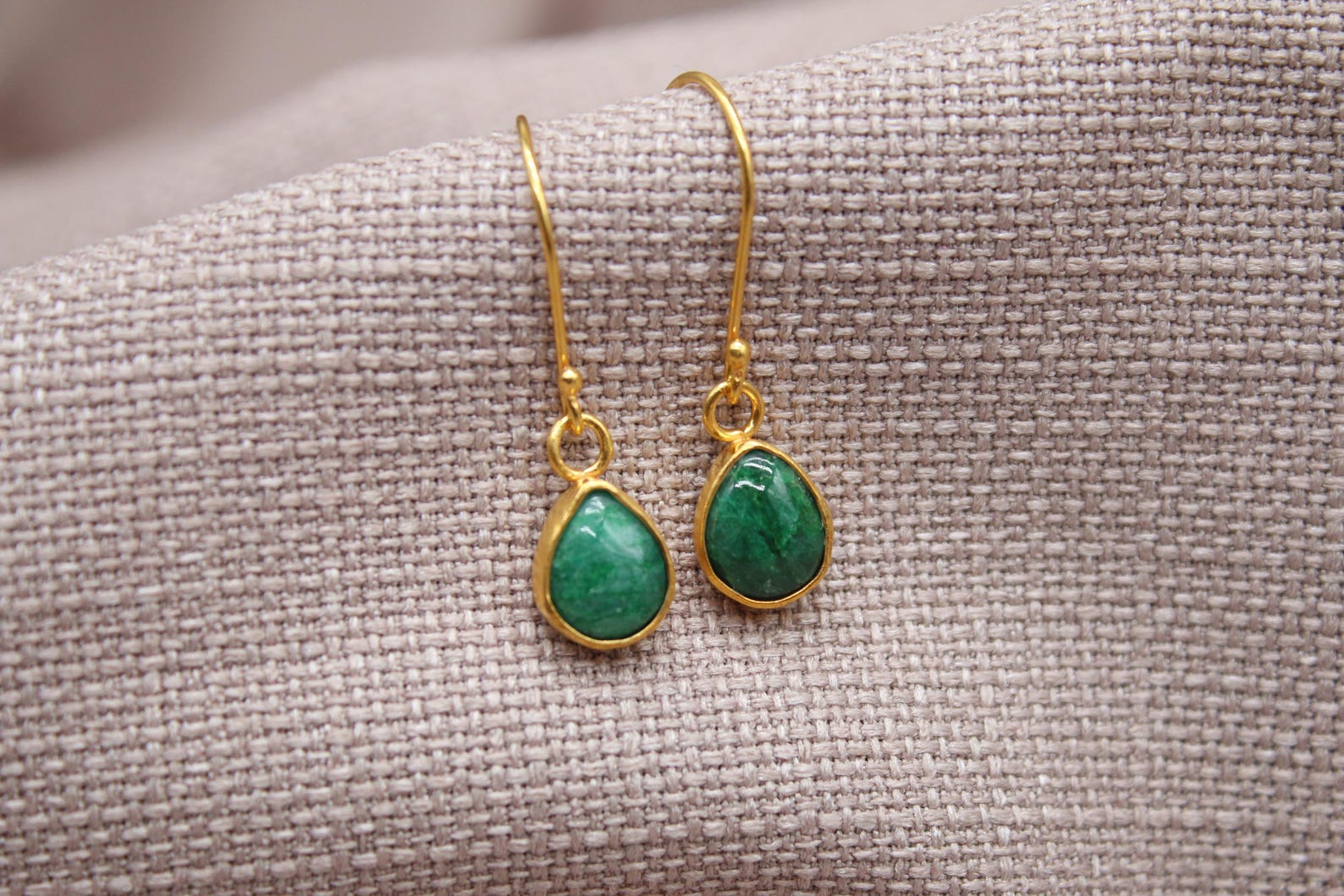 Emerald Drop Earrings Gold Plated Sterling Silver Handmade Gemstone Earrings