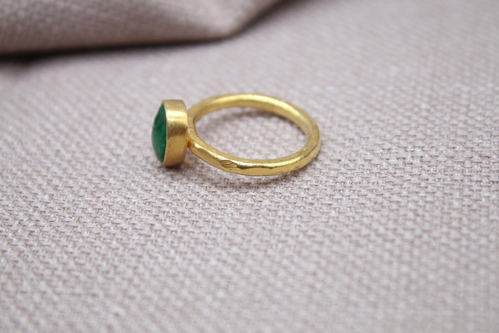 Emerald Teardrop Ring Gold Plated Sterling Silver Handmade Gemstone Ring