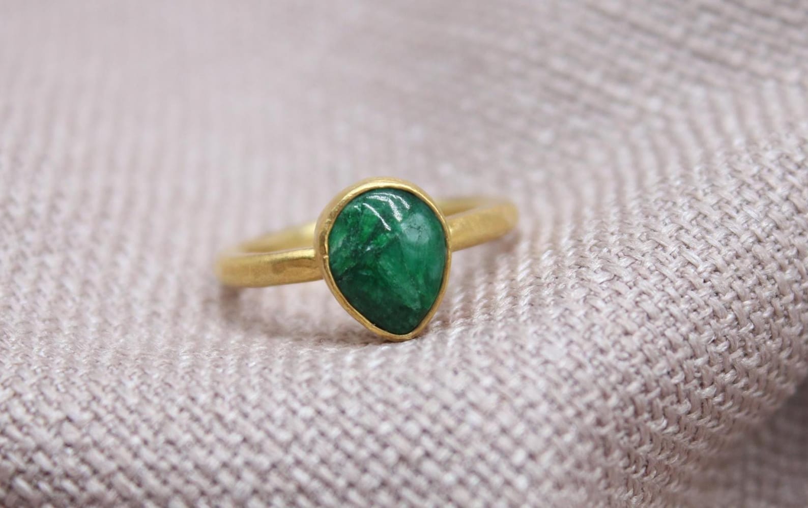 Emerald Teardrop Ring Gold Plated Sterling Silver Handmade Gemstone Ring