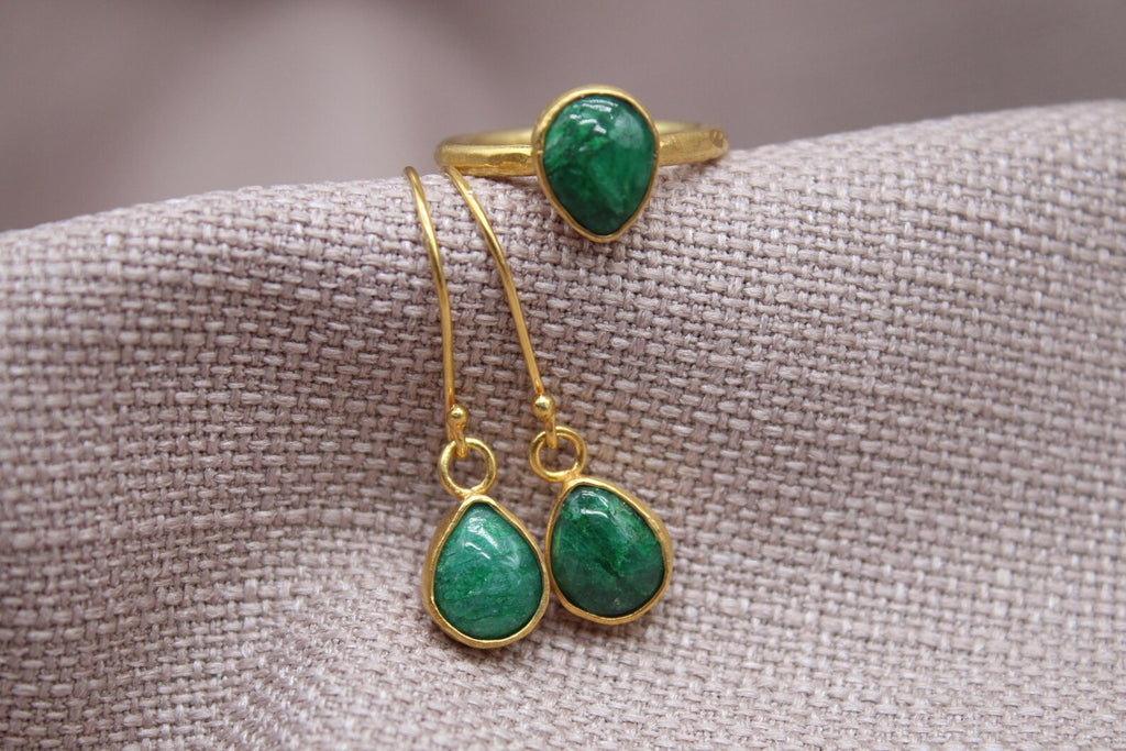 Emerald Jewelry Set Gold Plated Sterling Silver Ring and Earrings Set