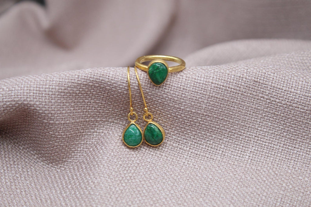 Emerald Jewelry Set Gold Plated Sterling Silver Ring and Earrings Set