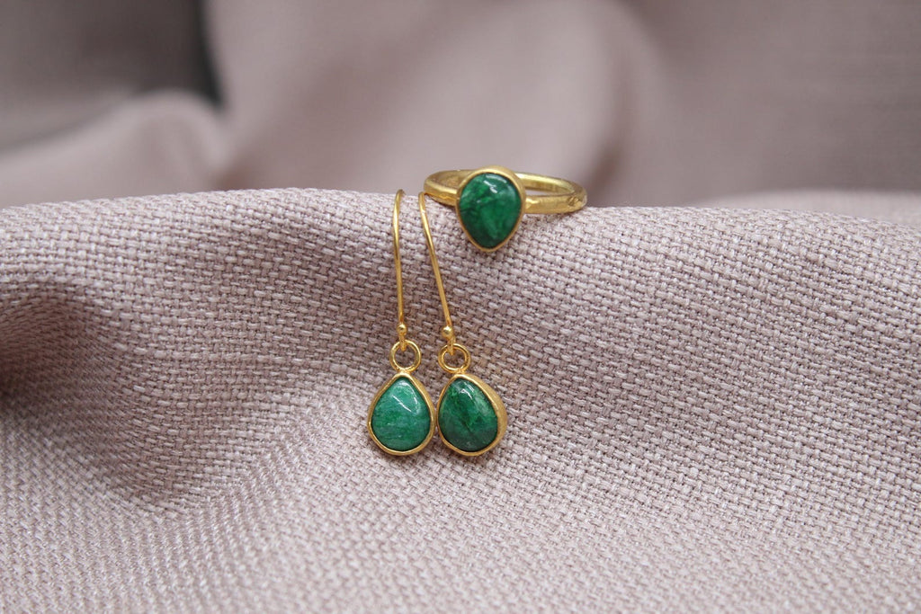 Emerald Jewelry Set Gold Plated Sterling Silver Ring and Earrings Set
