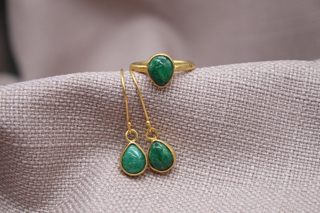 Emerald Jewelry Set Gold Plated Sterling Silver Ring and Earrings Set