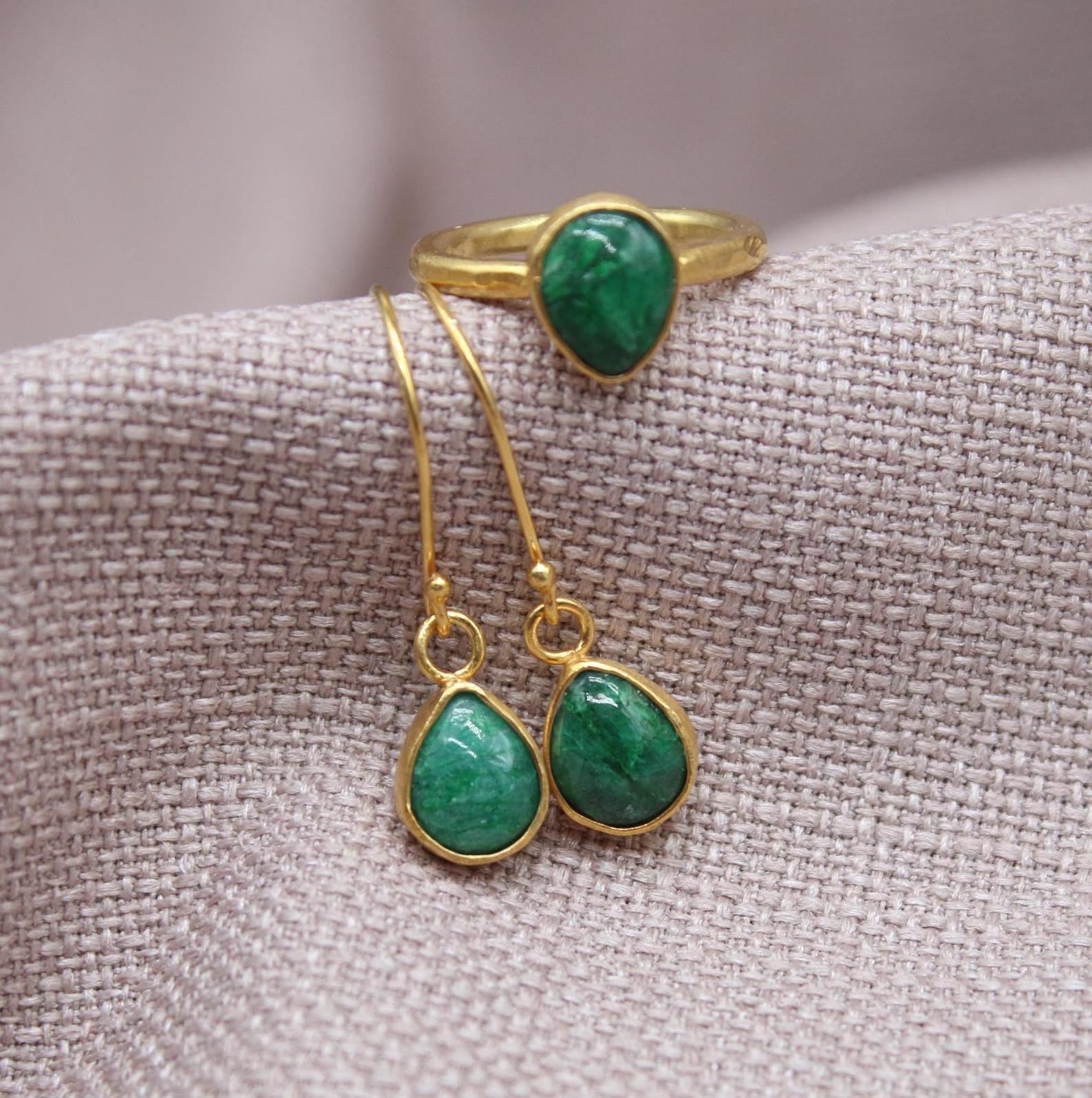 Emerald Jewelry Set Gold Plated Sterling Silver Ring and Earrings Set