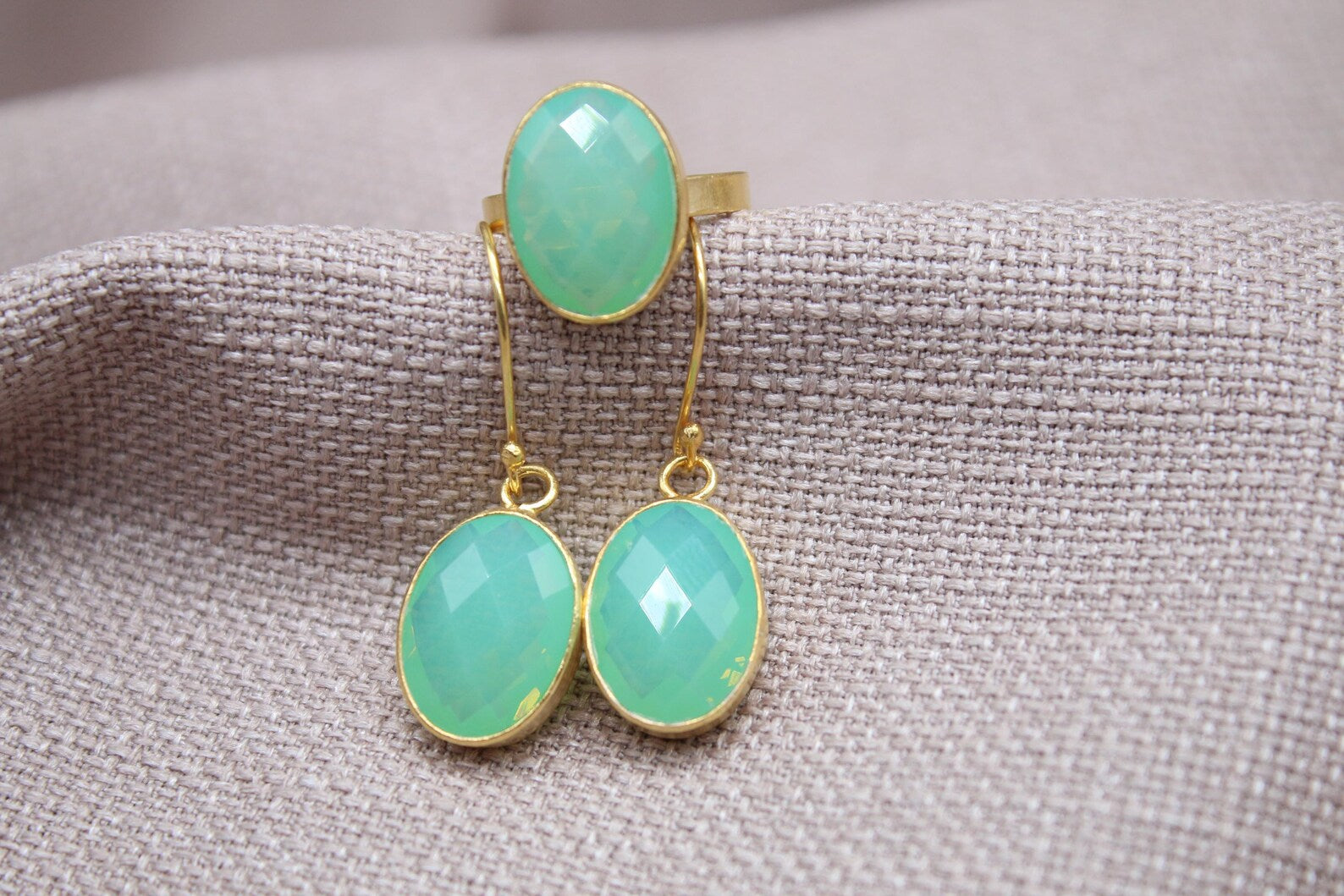 Opalite Jewelry Set Gold Plated Sterling Silver Ring and Earrings Set