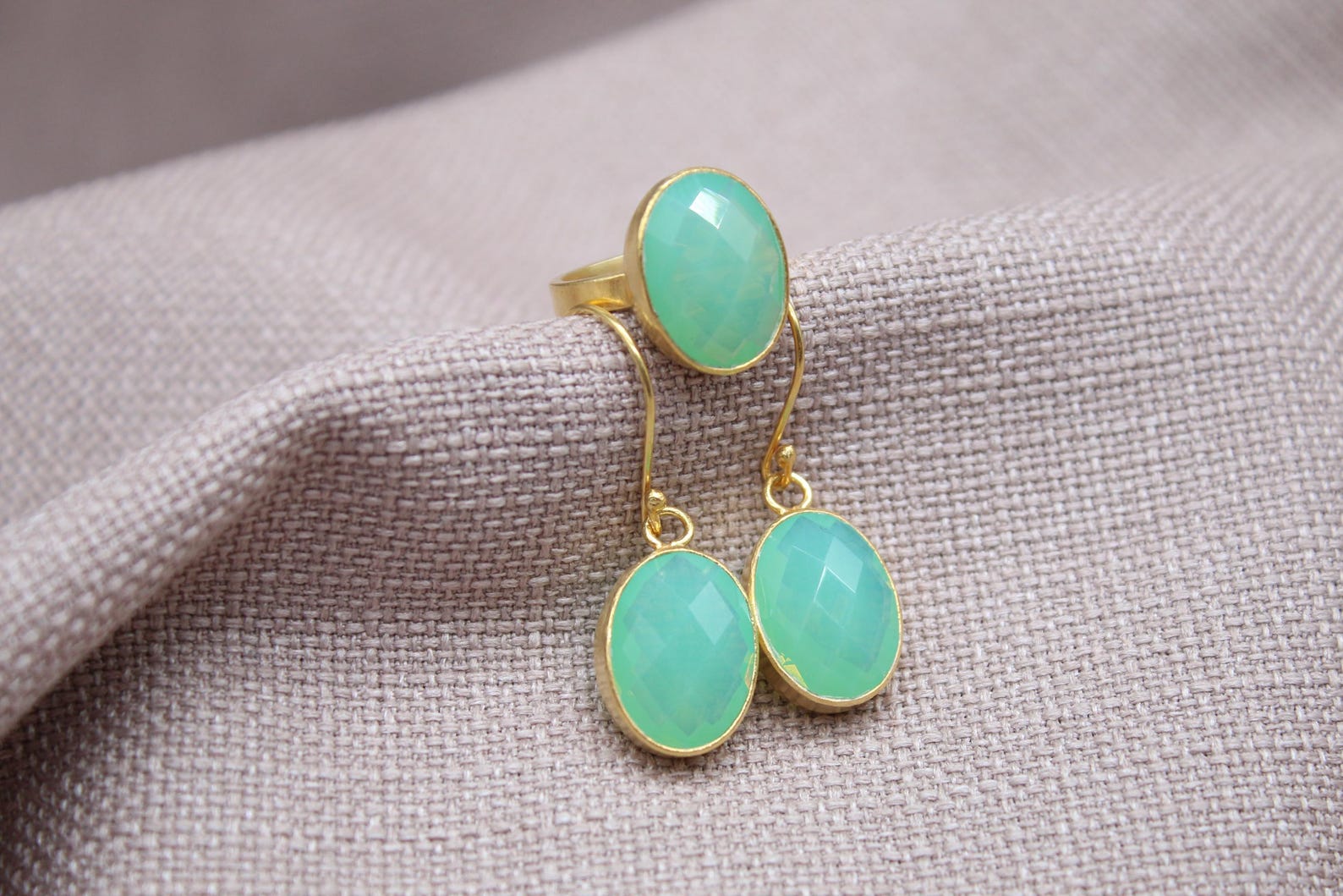 Opalite Jewelry Set Gold Plated Sterling Silver Ring and Earrings Set