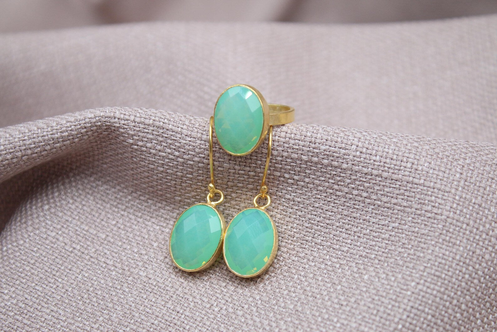 Opalite Jewelry Set Gold Plated Sterling Silver Ring and Earrings Set