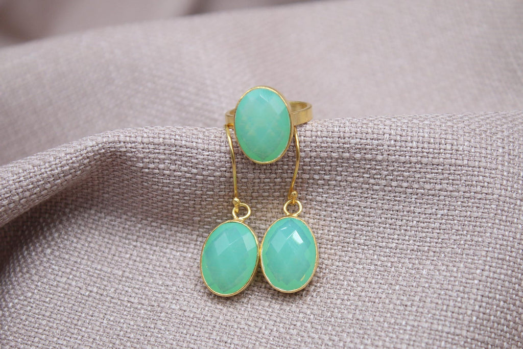 Opalite Jewelry Set Gold Plated Sterling Silver Ring and Earrings Set