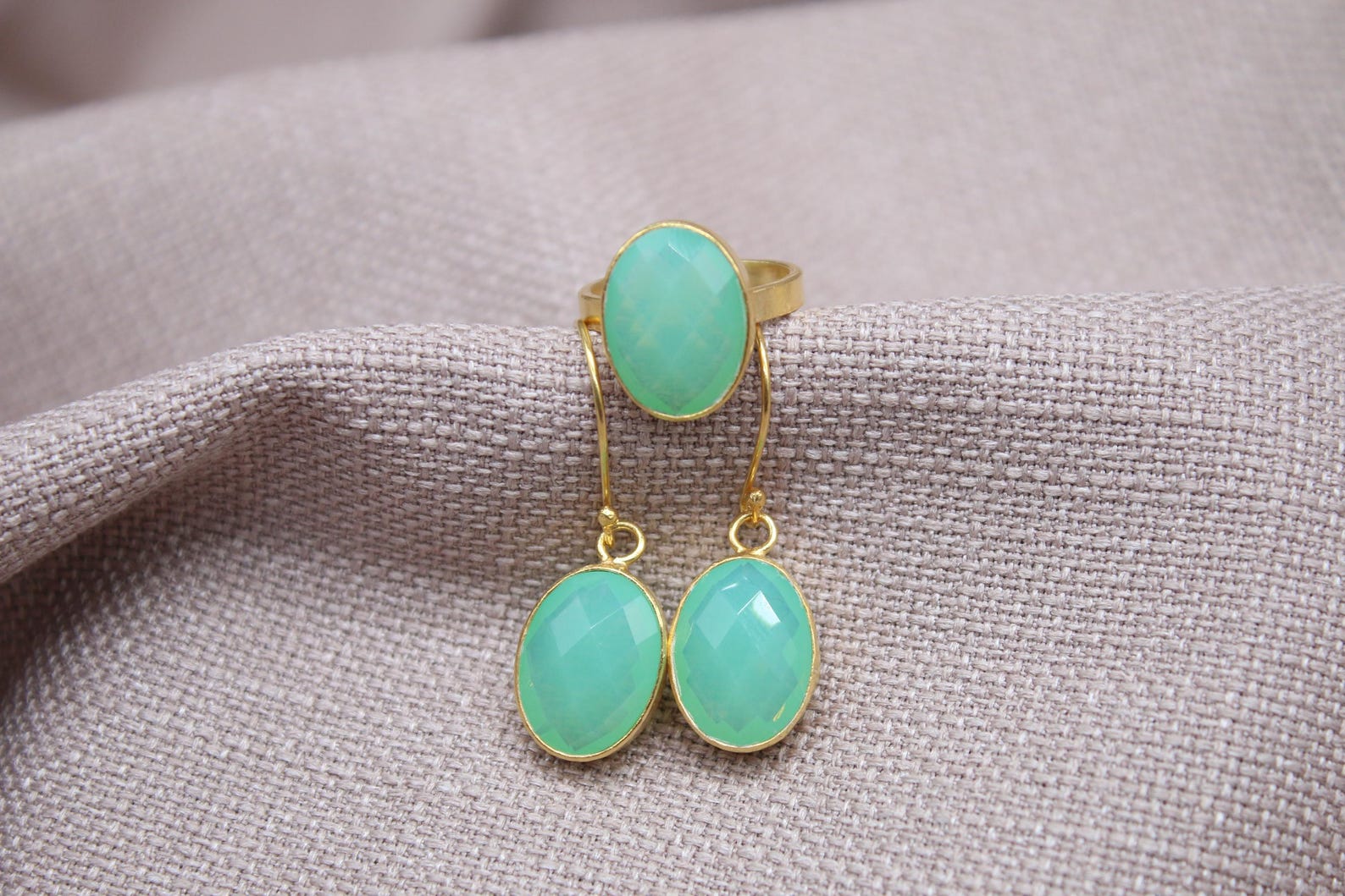 Opalite Jewelry Set Gold Plated Sterling Silver Ring and Earrings Set