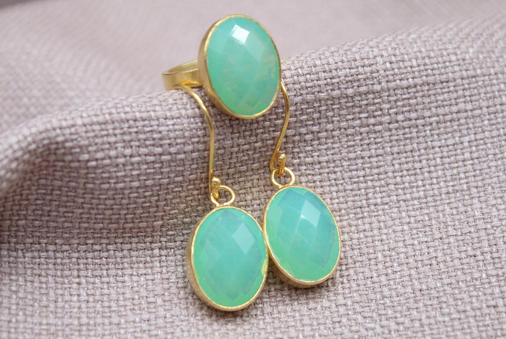 Opalite Jewelry Set Gold Plated Sterling Silver Ring and Earrings Set
