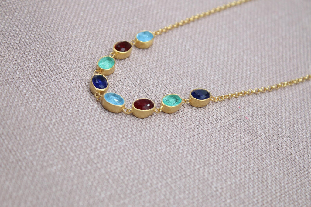 Multi Gemstone Necklace Gold Plated Sterling Silver Sapphire Ruby Emerald Necklace