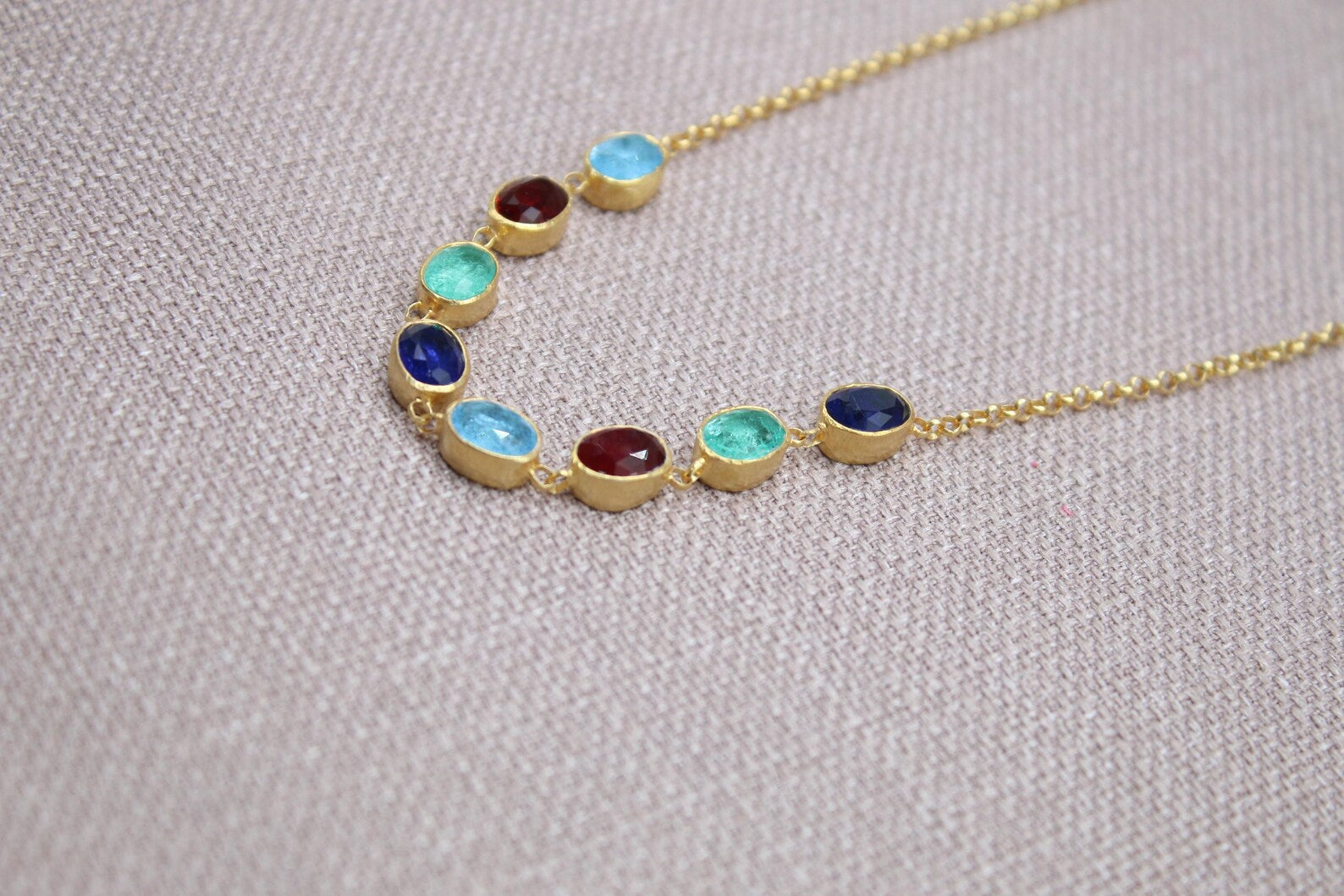 Multi Gemstone Necklace Gold Plated Sterling Silver Sapphire Ruby Emerald Necklace