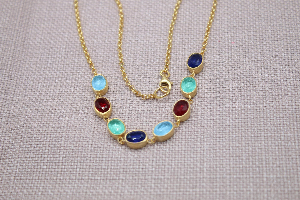 Multi Gemstone Necklace Gold Plated Sterling Silver Sapphire Ruby Emerald Necklace