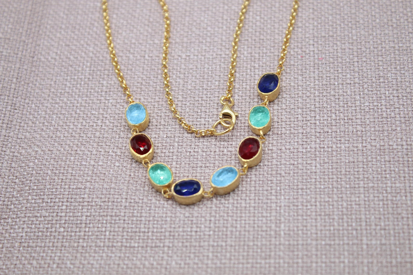 Multi Gemstone Necklace Gold Plated Sterling Silver Sapphire Ruby Emerald Necklace