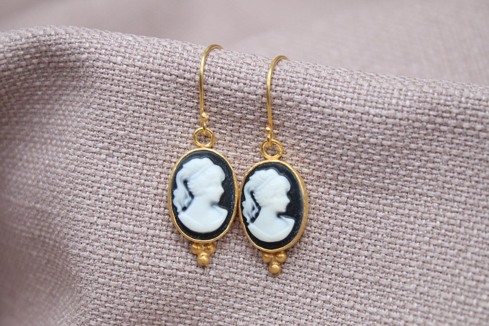 Victorian Cameo Earrings Gold Plated Sterling Silver Vintage Style Drop Earrings
