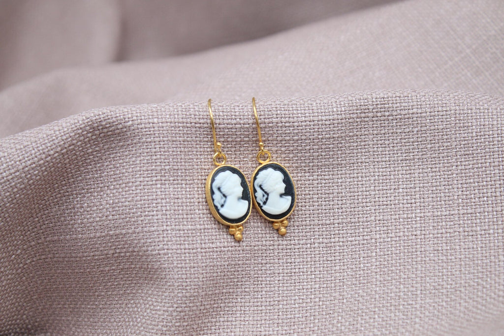 Victorian Cameo Earrings Gold Plated Sterling Silver Vintage Style Drop Earrings