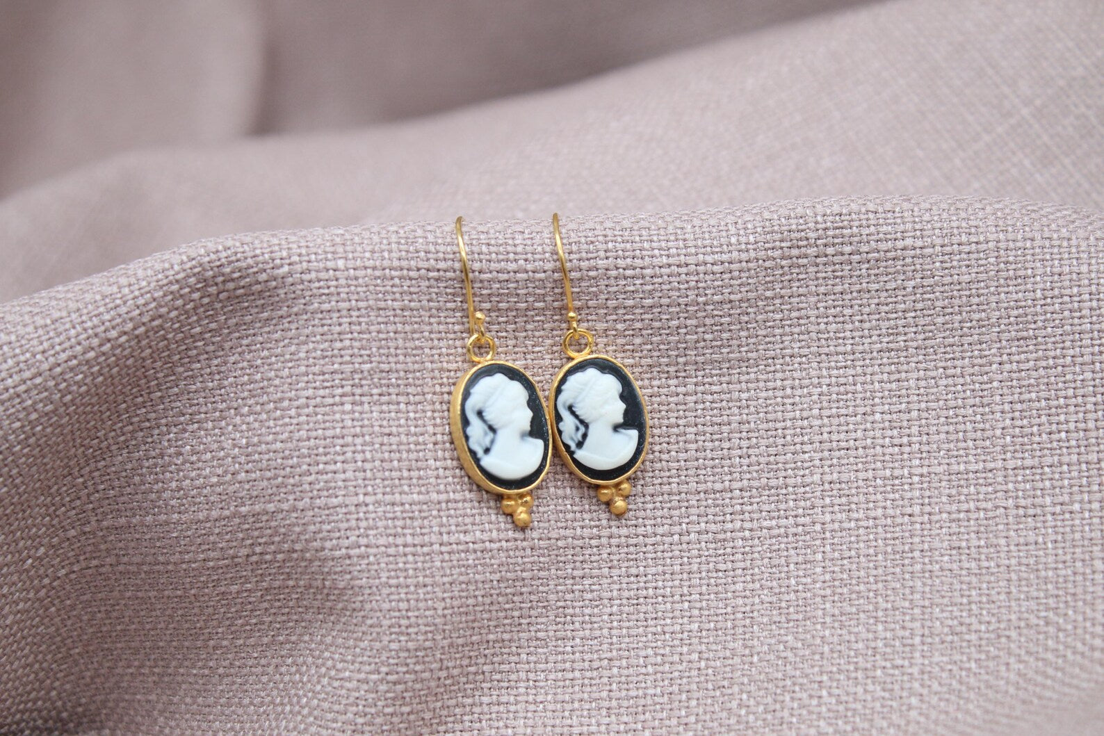Victorian Cameo Earrings Gold Plated Sterling Silver Vintage Style Drop Earrings