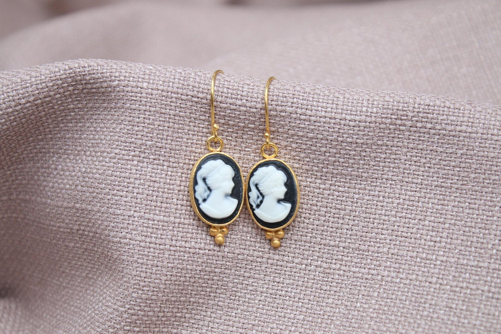 Victorian Cameo Earrings Gold Plated Sterling Silver Vintage Style Drop Earrings