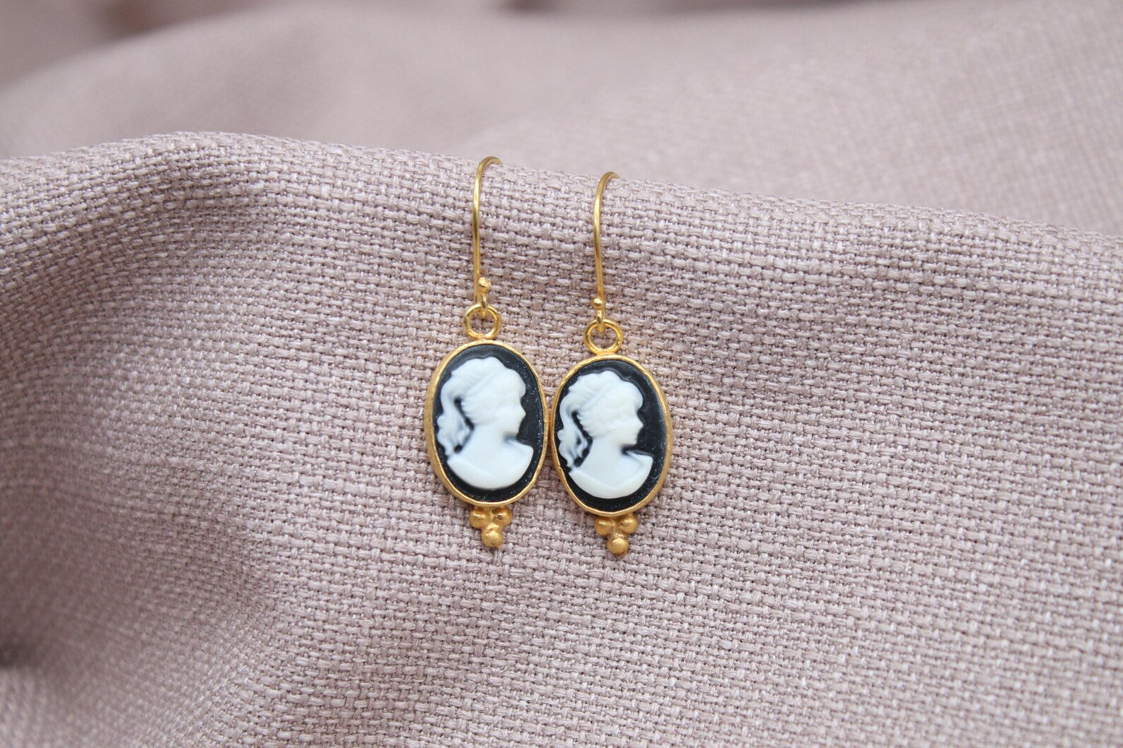 Victorian Cameo Earrings Gold Plated Sterling Silver Vintage Style Drop Earrings