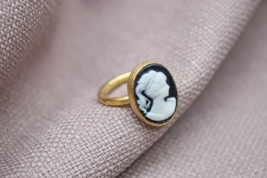 Victorian Cameo Ring Gold Plated Sterling Silver Vintage Portrait Statement Ring