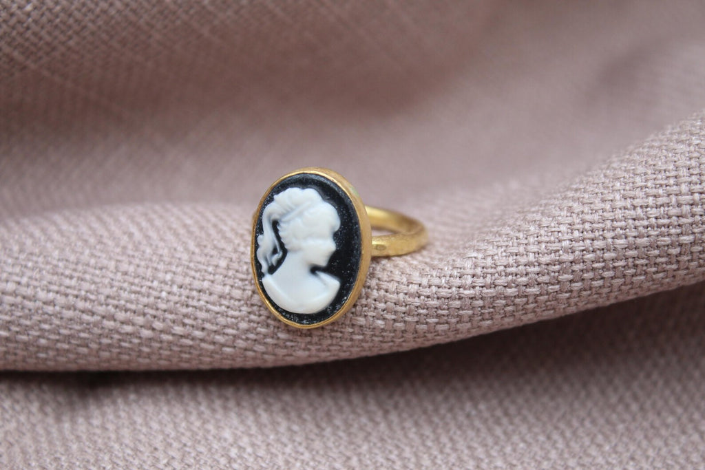 Victorian Cameo Ring Gold Plated Sterling Silver Vintage Portrait Statement Ring