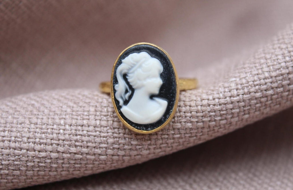 Victorian Cameo Ring Gold Plated Sterling Silver Vintage Portrait Statement Ring