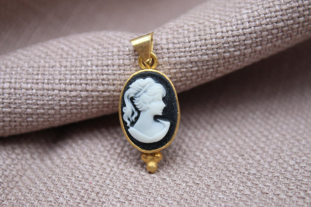 Victorian Cameo Pendant Gold Plated Sterling Silver Vintage Portrait Necklace Charm