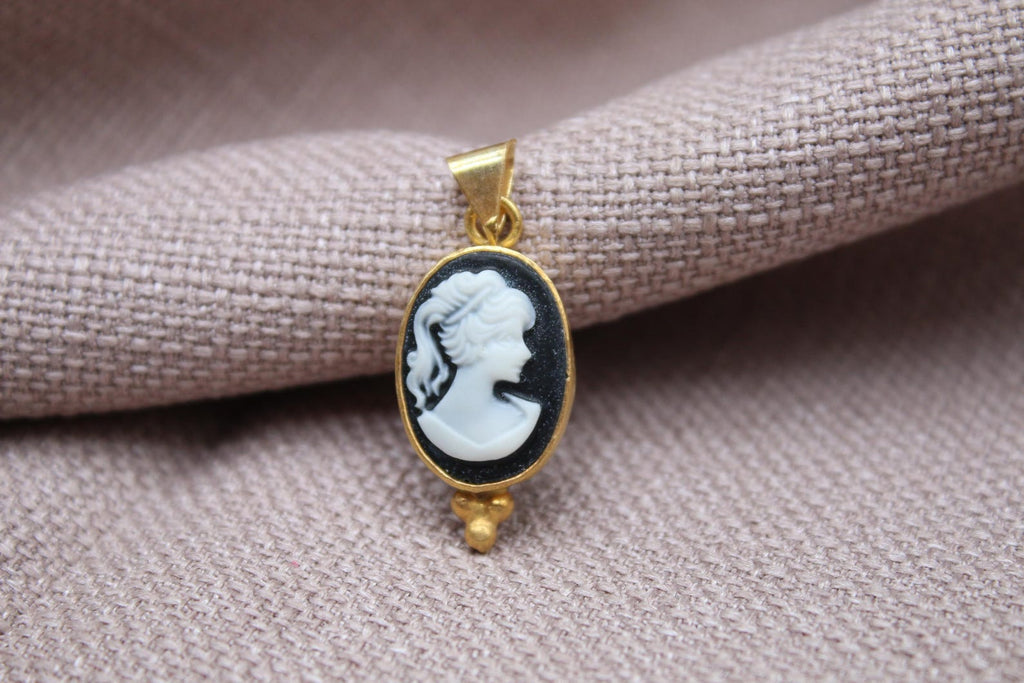 Victorian Cameo Pendant Gold Plated Sterling Silver Vintage Portrait Necklace Charm